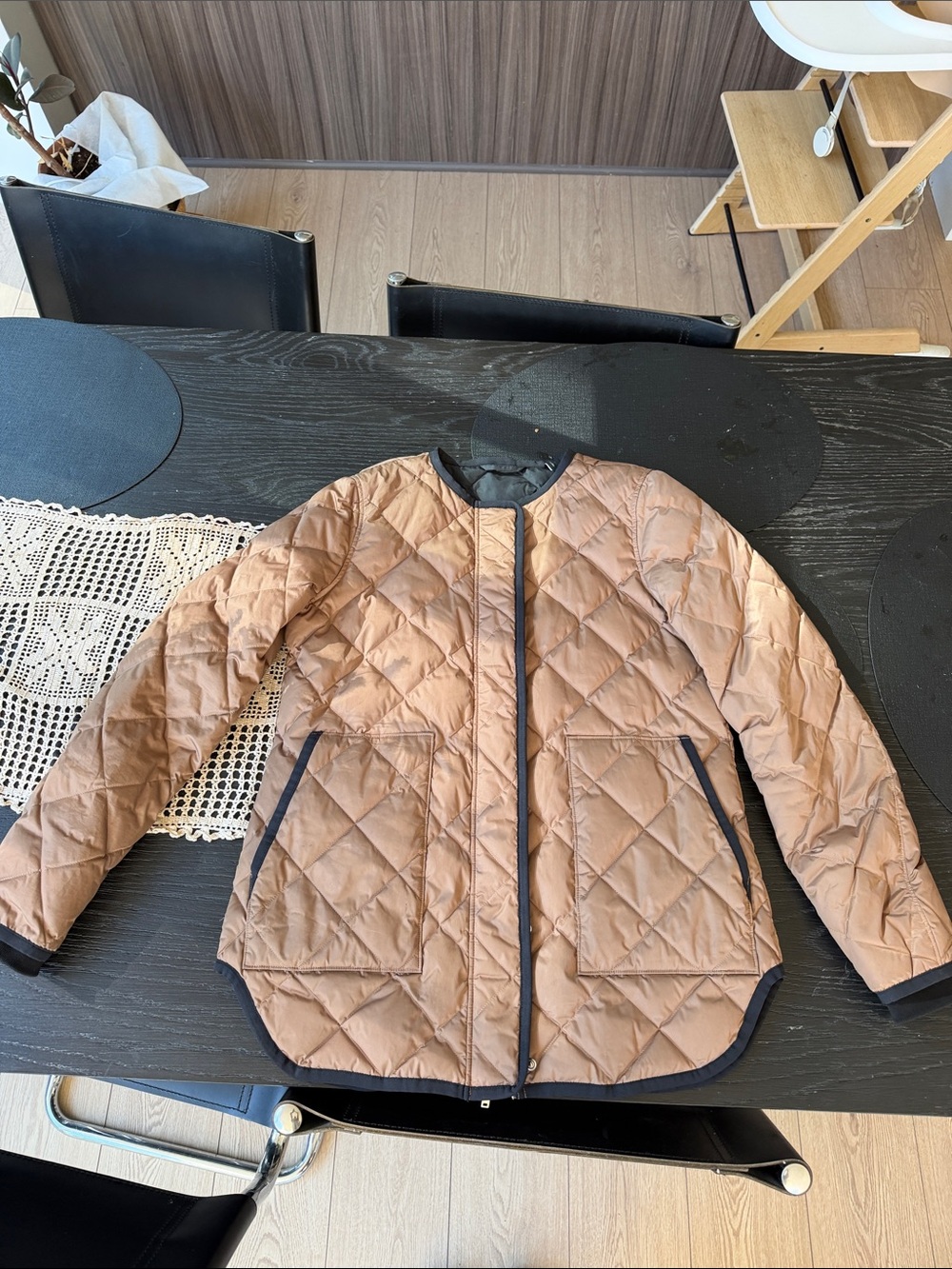 Theory Quilted Puffer Jacket in Camel with Black Trim